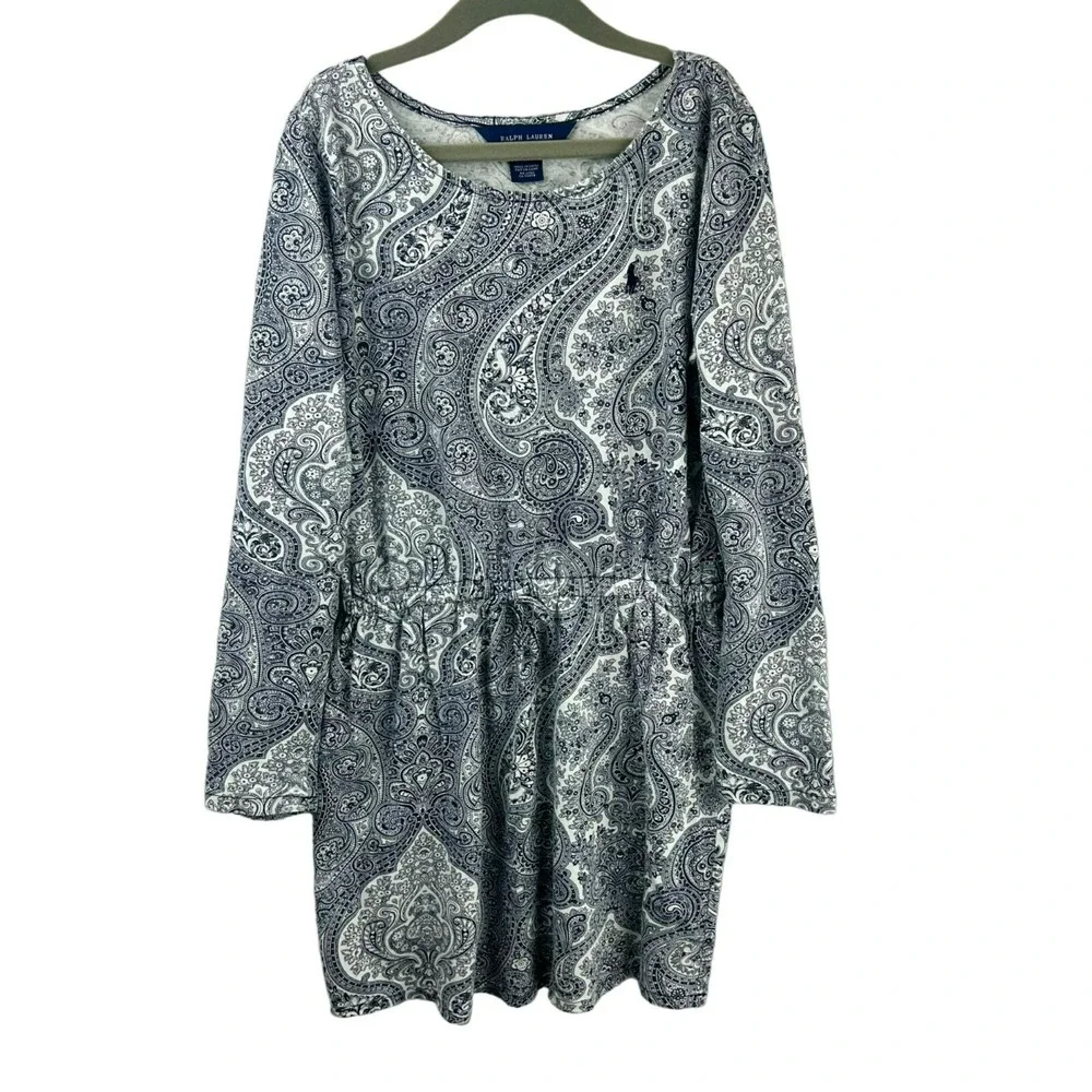 Ralph Lauren Dress Girls Size Medium Paisley Floral Long Sleeves Navy Blue White